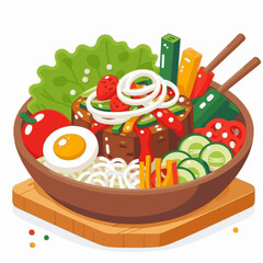A cartoonstyle bowl of Asian food featuring tofu vegetables noodles and a halved egg on a wooden base