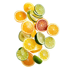 Fresh citrus fruit slices floating isolated on black background oranges and limes