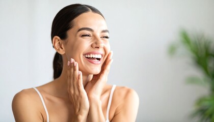 Beautiful woman smiling and laughing with joyful energy while touching her skin in a bright and positive atmosphere