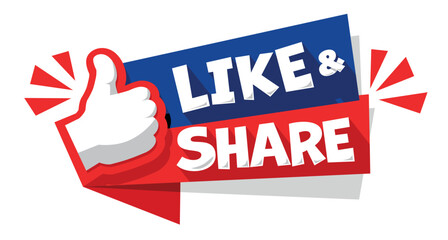 like and share icon for web channel or social media. Vector thumb up banner on transparent background