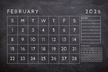 February 2026 calendar set on black background. Design template of calendar 2026 write on...