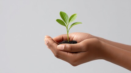 Hand holding small green seedling with soil on gray background