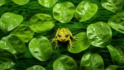 A frog is sitting on a leaf in a green field. The frog is yellow and black. The leaf is green and has a pattern. The frog is looking at the camera