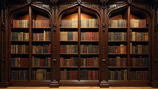 Library shelf with neatly arranged books, knowledge and learning