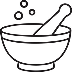 Mortar and Pestle Outline Icon with Bubbles Representing Pharmacy Alchemy or Traditional Medicine Preparation black white