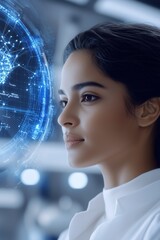  Indian Woman scientist in white lab coat examines holographic projection, deep in thought. Digital lines illuminate woman scientist's face, merging science and futuristic exploration, technological 