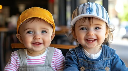 Two happy toddler girls smiling at the camera wearing caps