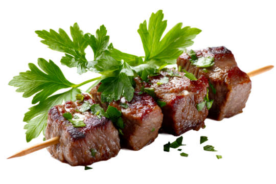 Grilled meat skewers with fresh herbs on a transparent background