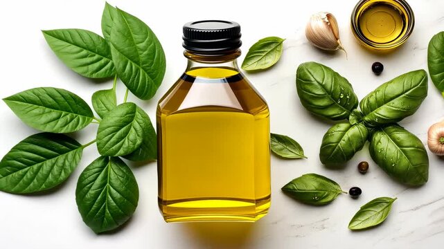 fresh basil leaves with olive oil and garlic on a marble surface