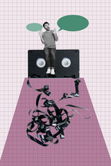 Picture mockup collage of person surprise sit cassette record on pink background