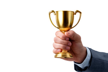 Hand holding a golden trophy against a transparent background