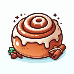 A cartoonstyle cinnamon roll with icing spices and stars