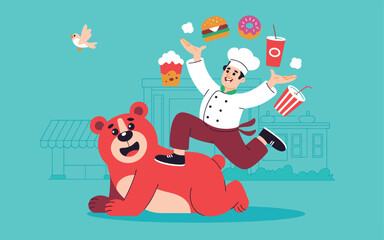 playful cartoon chef riding a red bear with fast food items floating around, whimsical culinary adventure outside a colorful restaurant
