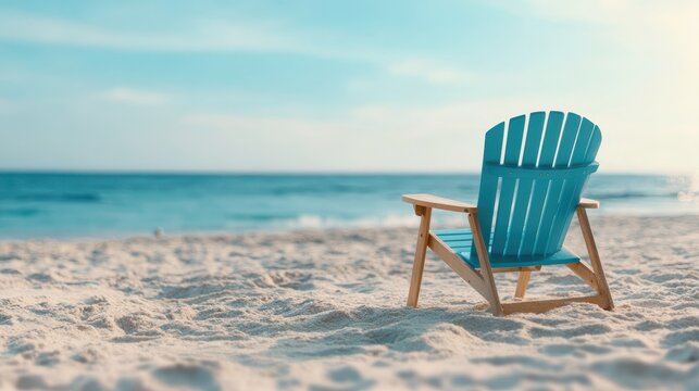 A serene scene featuring a solitary blue beach chair positioned on a sandy shore, overlooking a tranquil ocean under a bright and clear blue sky.
