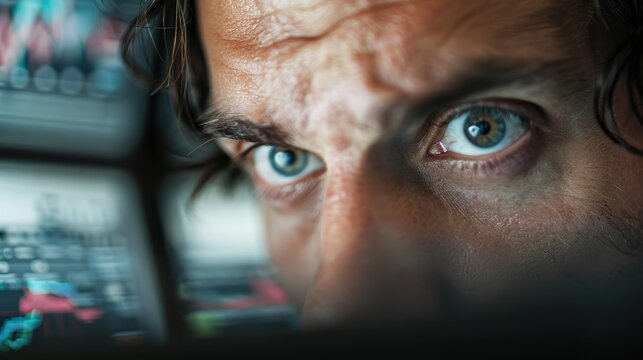 Close-up of a man with an intense expression as he studies graphs and data on multiple screens, embodying the stress and focus of high-stakes trading in finance.
