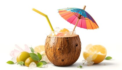 This transparent PNG features a coconut drink filled with a refreshing tropical beverage, complete with a colorful cocktail umbrella and a striped straw. The high-quality, isolated image is perfect