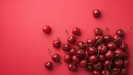 Ripe cherries arranged on a vibrant red surface, showcasing their deep color and freshness with stems still attached