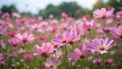 Step into a dreamy cosmos flower field, bursting with vibrant hues of pink, white, and magenta. This picturesque meadow is alive with delicate petals swaying in the breeze, bathed in soft natural 