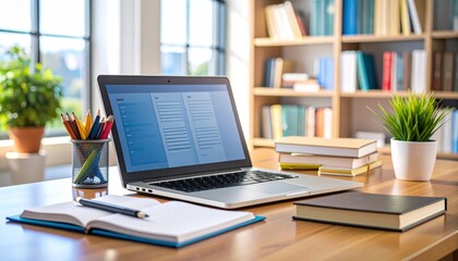 High-Detail Scholarly Workspace with Open Laptop, Academic Journals, Highlighters, and Citation Checklist on Clipboard for Rigorous Academic Research and Study