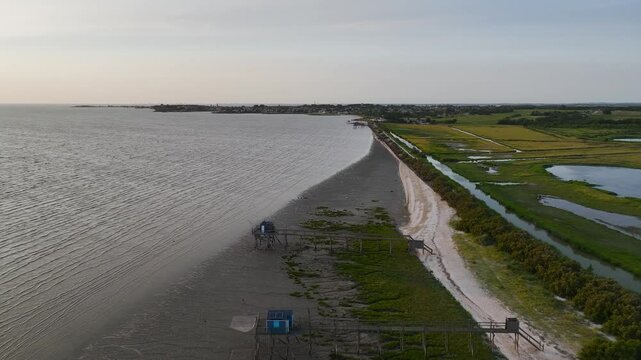 Fishing huts over Randonnee entre Histoire et Nature from a drone, Fouras, Fouras-les-Bains, Charente-Maritime, Nouvelle-Aquitaine, France, Europe	