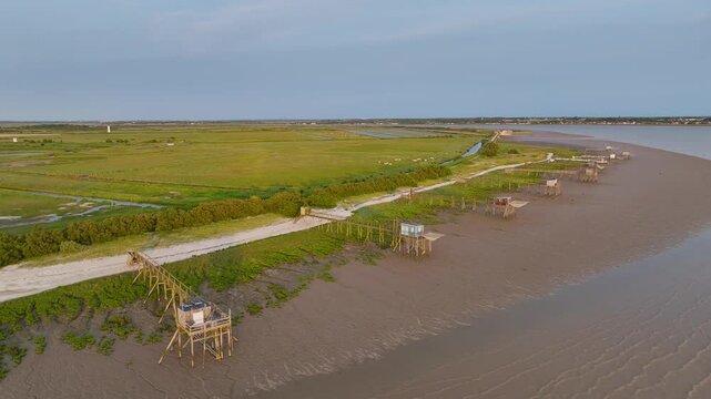 Fishing huts over Randonnee entre Histoire et Nature from a drone, Fouras, Fouras-les-Bains, Charente-Maritime, Nouvelle-Aquitaine, France, Europe	