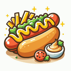 A cartoonstyle hot dog with mustard fries lettuce tomato and a bowl of condiment