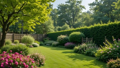 Obraz premium This serene outdoor scene features a beautiful backyard garden during spring or summer, bordered by a classic wooden fence and filled with lush greenery, including tall hedges, vibrant trees, 