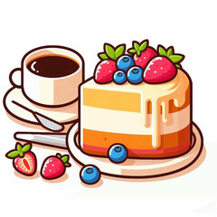 A cartoonstyle drawing of a cake slice with berries next to a cup of coffee and a spoon