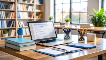 High-Detail Scholarly Workspace with Open Laptop, Academic Journals, Highlighters, and Citation Checklist on Clipboard for Rigorous Academic Research and Study