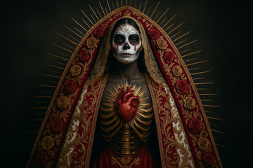 Mystical Dia de Muertos portrait: Woman with sugar skull makeup, exposed heart and ribcage, wearing an ornate red and gold embroidered robe with a radiant halo. Santa Muerte or La Catrina inspired.