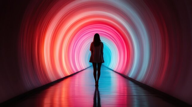 A silhouette of a person walking through a vibrant tunnel filled with multi-colored lights, symbolizing a journey of discovery and the exploration of emotions. - Powered by Adobe