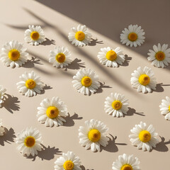 Fototapeta premium Daisy Flowers Pattern on Beige Backdrop Fresh Floral Design, Natural Beauty, Shadow Play, Decorative Elements.