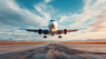 Obraz premium A commercial airplane descends toward the runway with stunning clouds in the background, highlighting the beauty of aviation and travel during a serene sunset.