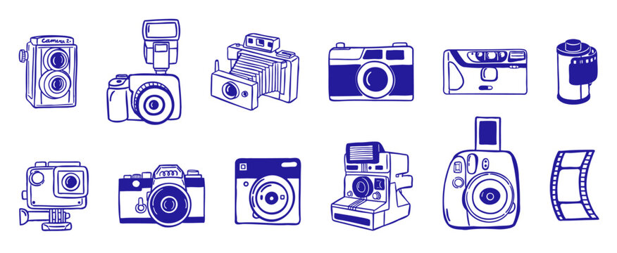camera photography doodle hand drawn sketch - vector illustration collection set