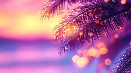 Vibrant Palm Leaves at Sunset with Bokeh Lights