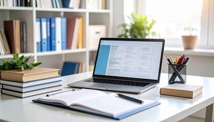 High-Detail Scholarly Workspace with Open Laptop, Academic Journals, Highlighters, and Citation Checklist on Clipboard for Rigorous Academic Research and Study