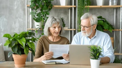 A couple of seniors examines important papers at a table filled with indoor greenery and keeps a laptop nearby for reference - Powered by Adobe