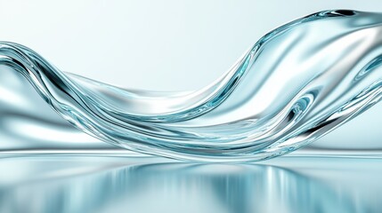 A mesmerizing wave of crystal-clear water gracefully flows with a smooth, reflective surface, encapsulating the beauty of fluid dynamics in soft ambient lighting.