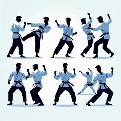 Premium Vector Collection of Dynamic Karate Pose Silhouette Icons for Martial Arts and Design Projects