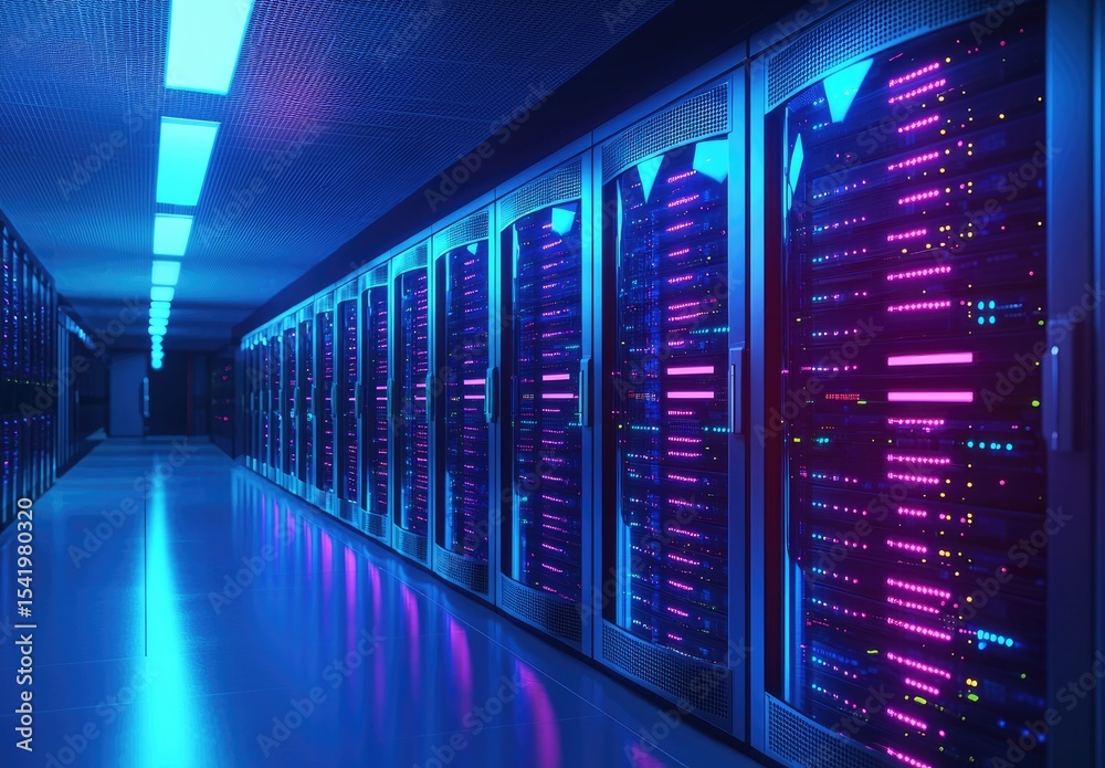 Poster vibrant glowing data center aisle with purple and blue lights illuminating futuristic server racks, 