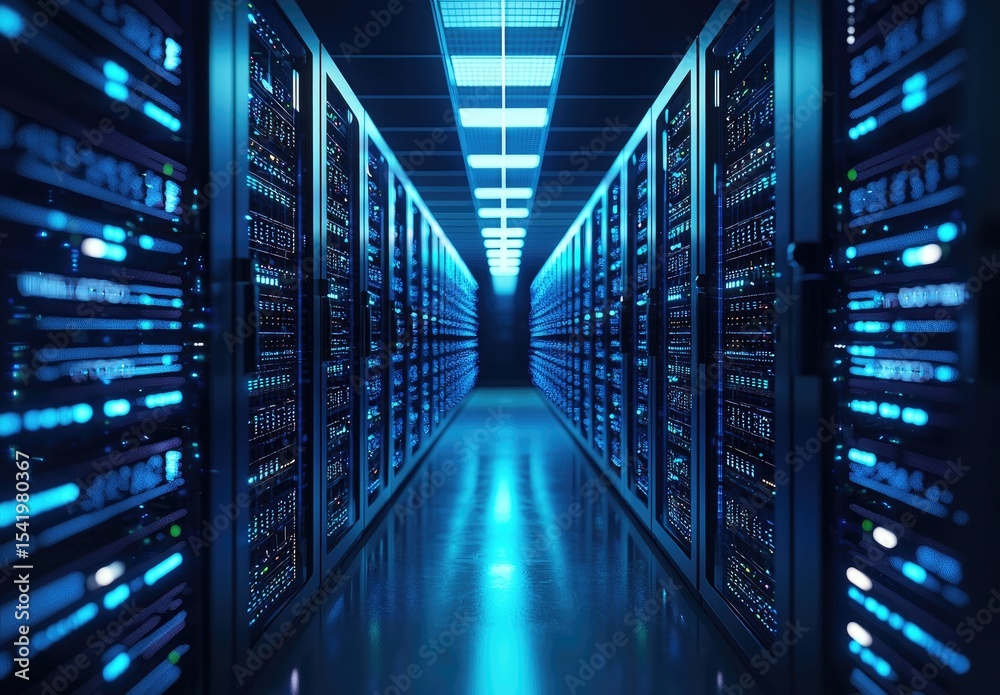 Poster high-tech corridor of glowing server racks in a modern data center with blue lighting, perfect for v