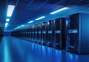 Futuristic server room with rows of illuminated data racks under bright blue lighting, ideal for illustrating cloud computing, data centers, network infrastructure, or digital storage concepts