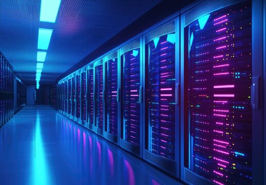 Vibrant glowing data center aisle with purple and blue lights illuminating futuristic server racks, ideal for cloud storage, cybersecurity, or tech network visualization
