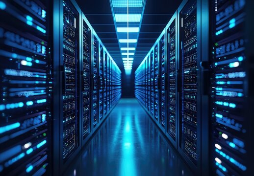 High-tech corridor of glowing server racks in a modern data center with blue lighting, perfect for visualizing cloud infrastructure, IT storage, and digital network systems