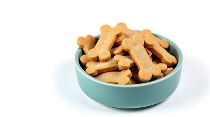 Fototapeta premium A teal bowl filled with crunchy bone shaped dog treats isolated