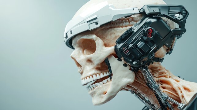 An innovative representation of a skull merged with advanced robotics, highlighting the intersection of human anatomy and technology, creating a thought-provoking visual experience.