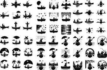 Person in Canoe Icon Silhouette Set – Adventure Paddling Scene Canoeing Silhouette Set – Outdoor Water Travel Icon Collection