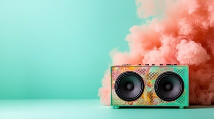 An artistic representation of a retro wireless speaker surrounded by vibrant pink smoke, creating a playful and energetic atmosphere ideal for music lovers and creative design.