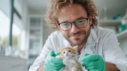 A friendly veterinarian gently holds a fluffy kitten in a caring manner, showcasing a heartwarming connection between people and pets in a warm clinic environment.