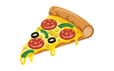 slice of pizza with pepperoni, olives, corn, and green peppers, melted cheese and thick crust, isolated on white background